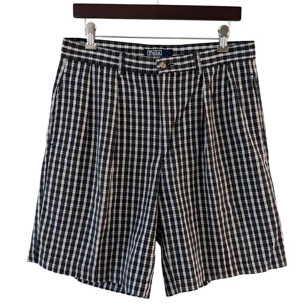 Polo Ralph Lauren Mens 33 Navy Blue White Plaid Pleated Cotton Shorts‎ Vintage